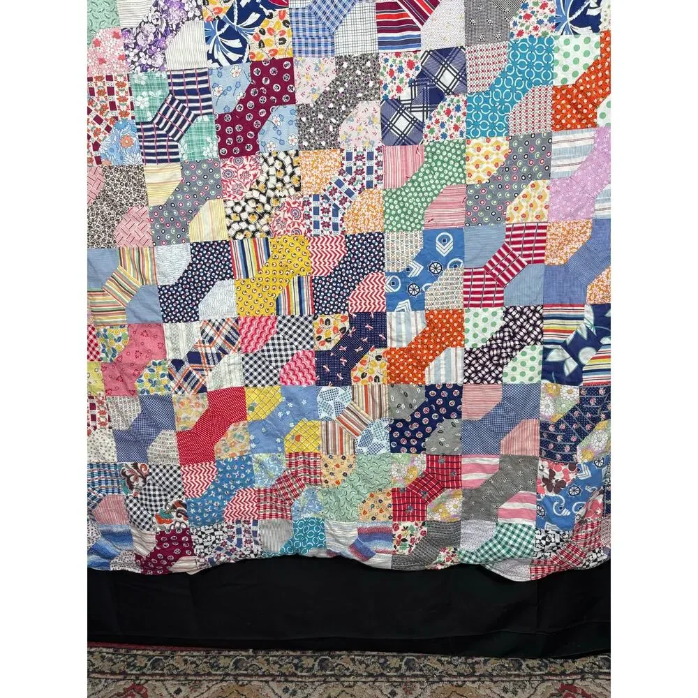 Vintage Colorful Feedsack Bowtie Quilt Handmade Cotton Fabric Farmhouse Cottage